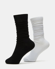 2 PACK SLOUCHY CREW SOCKS BLACK WHITE
