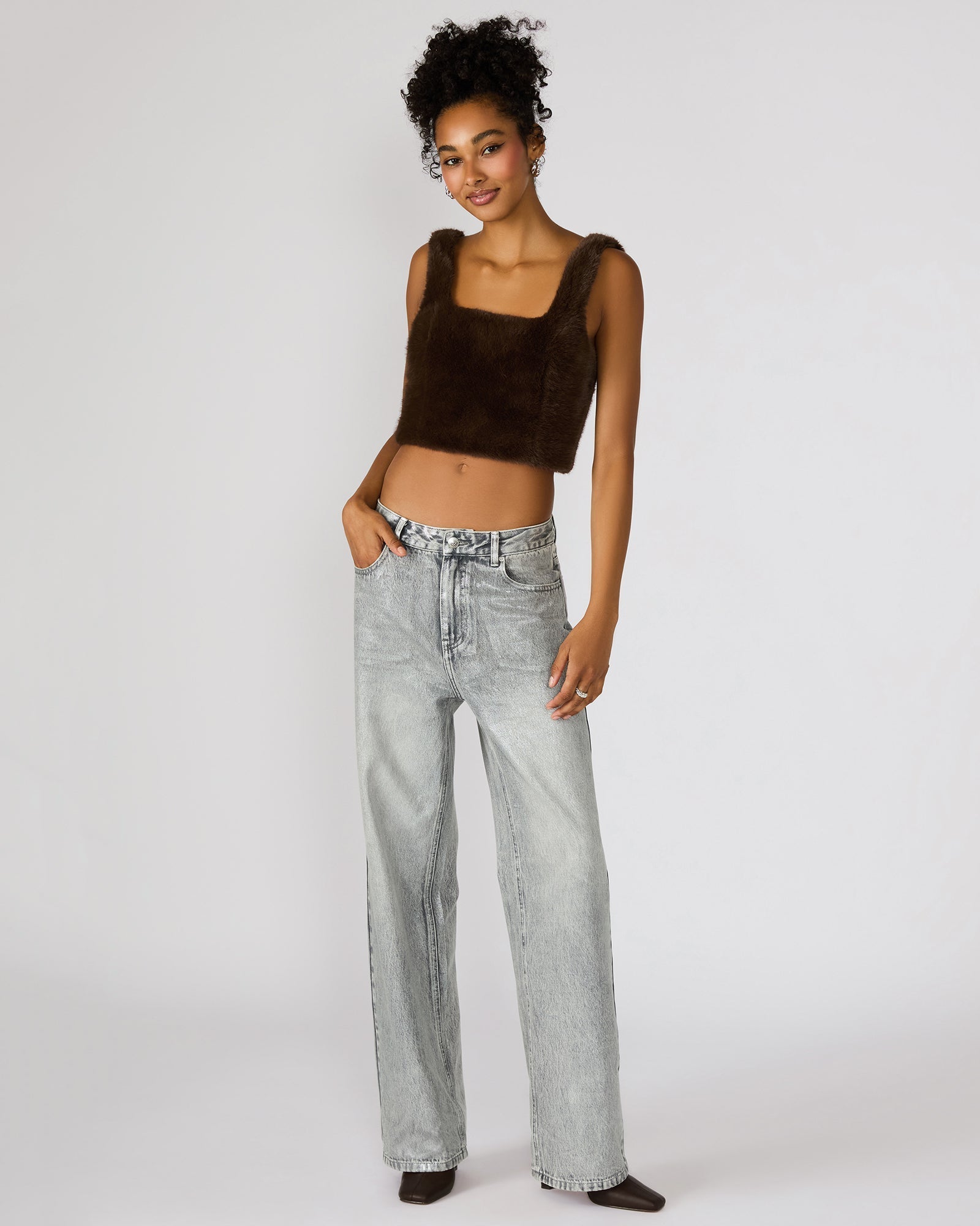 HANNIA FAUX FUR TOP DARK ESPRESSO